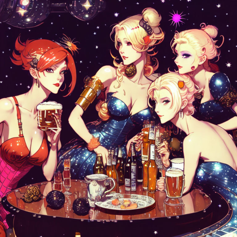 Stylized animated women in cosmic outfits at table with snacks