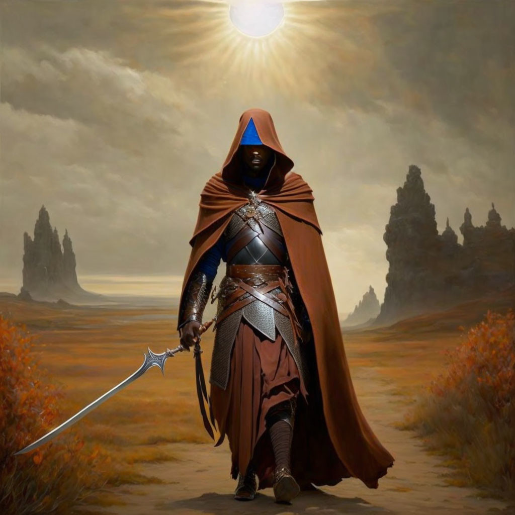 Cloaked figure with hood holding intricate axe in desolate landscape