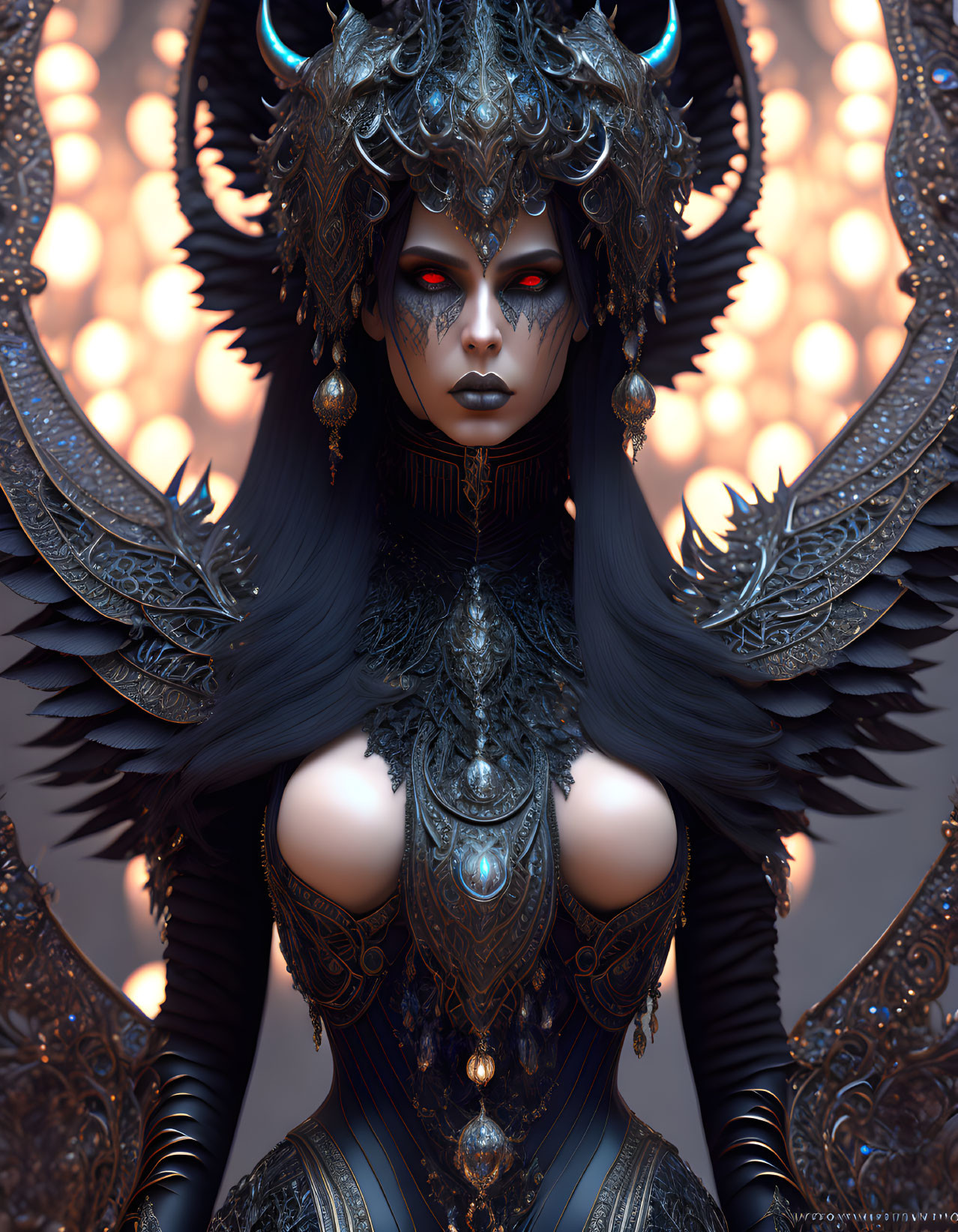 Detailed digital artwork: Female character with red eyes, ornate dark headgear, intricate armor, glowing