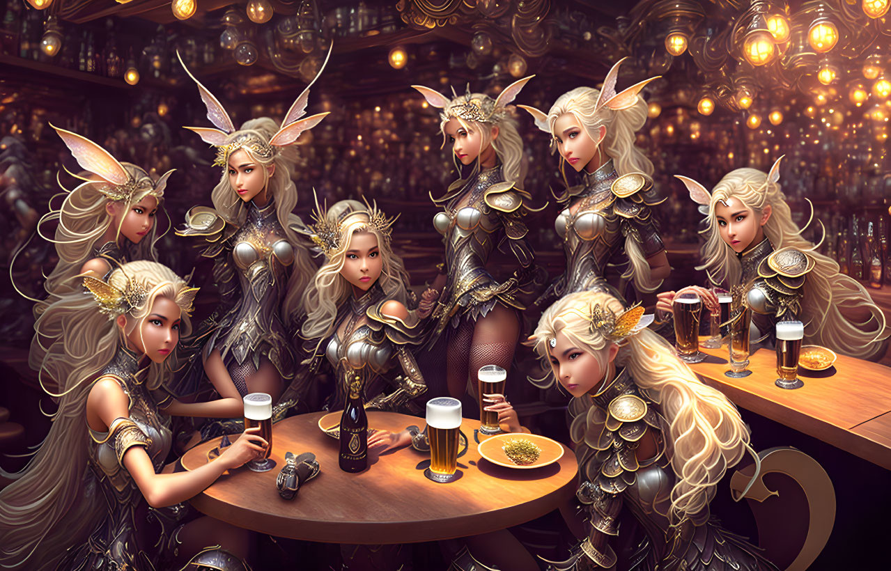 Ethereal elf-like characters in ornate armor at a decorated bar