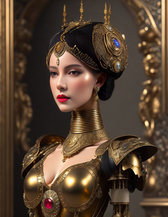 Elegant woman in golden armor with headdress and jewelry poses gracefully