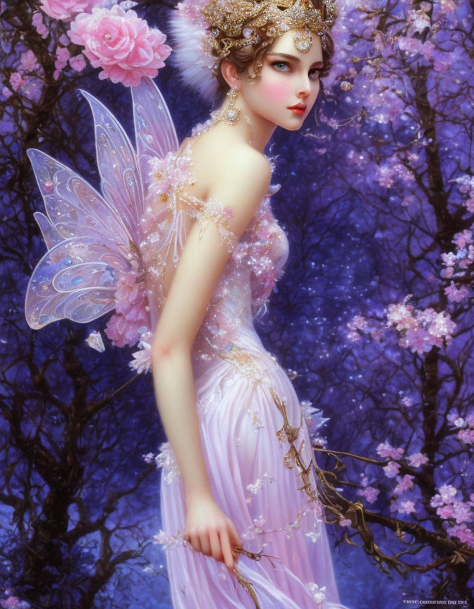 Digital artwork: Fairy with delicate wings in pink floral dress among blooming purple flowers