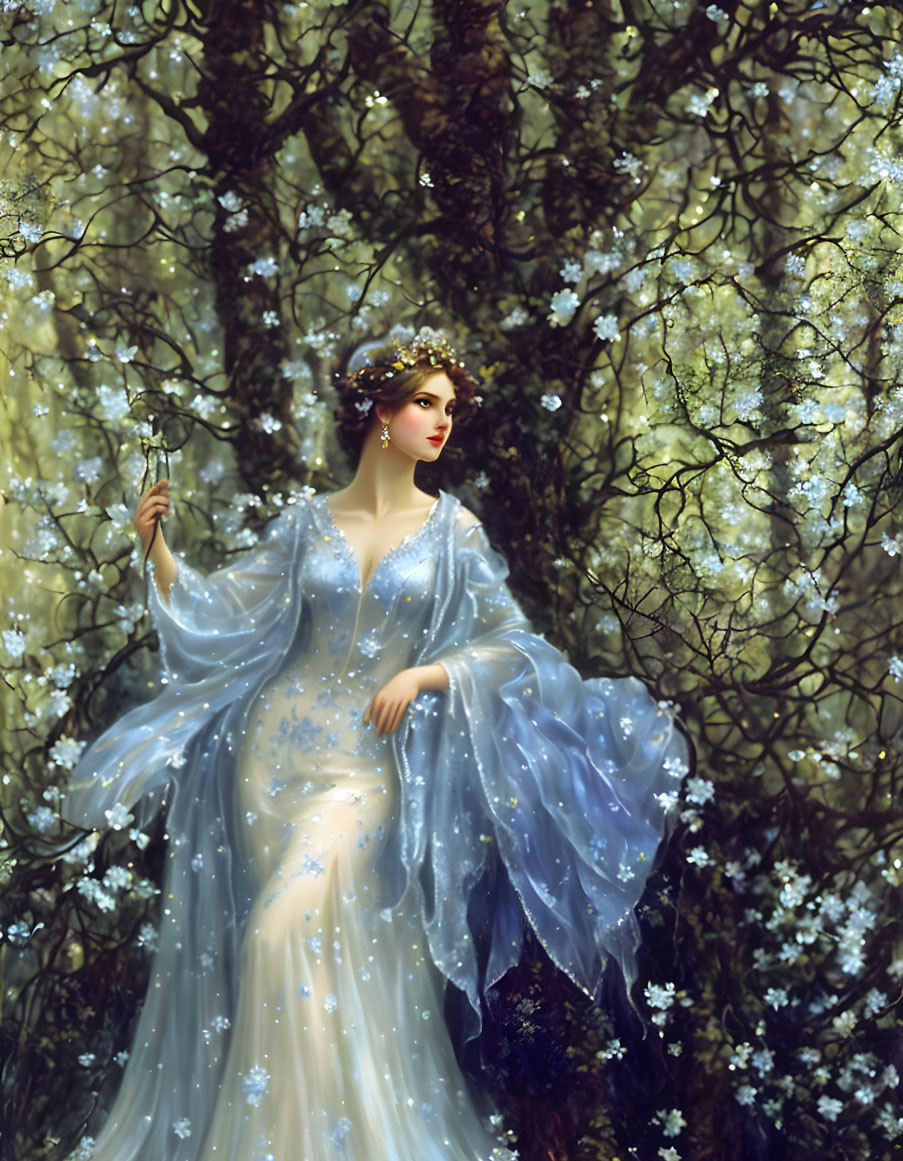 Elegant Woman in Blue Gown Among Blossoming Trees