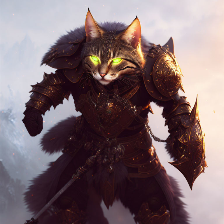 Armored cat fantasy illustration with green eyes in battle gear against cloudy sky