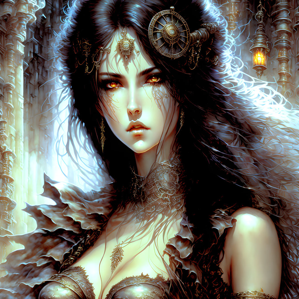 Fantasy digital artwork: Pale-skinned woman in ornate black armor