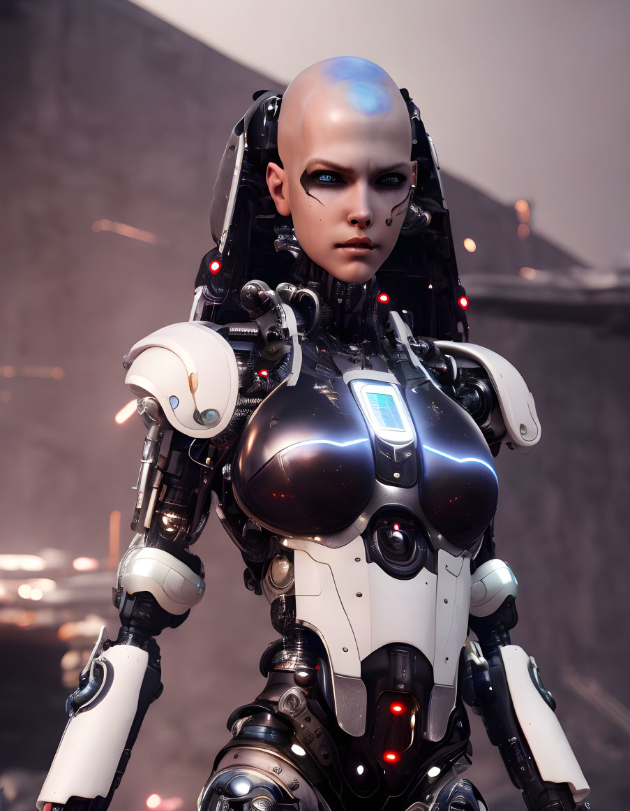 Bald head humanoid robot with intricate mechanical details on industrial backdrop