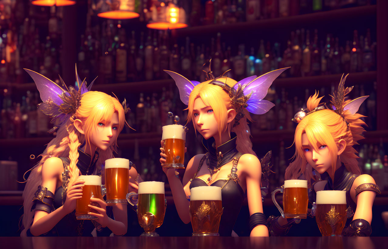 Animated elfin characters with wings holding mugs in bar setting.