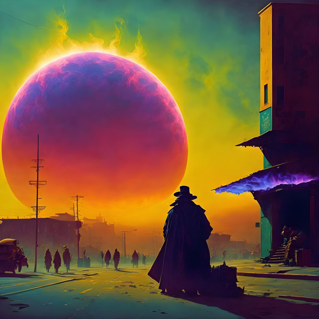 Silhouetted figure in cloak under gigantic celestial body in surreal cityscape