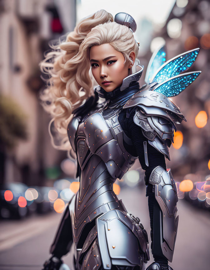 Futuristic armor cosplay with metallic pieces and blue wing accents