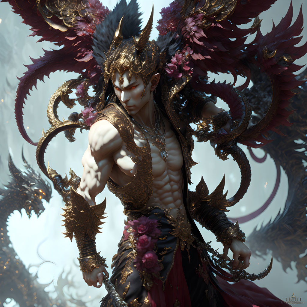 Fantasy character with horns and wings in red and gold armor amid misty backdrop