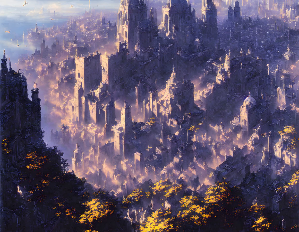 Ethereal cityscape with golden light, towering spires, grand architecture, and hazy atmosphere