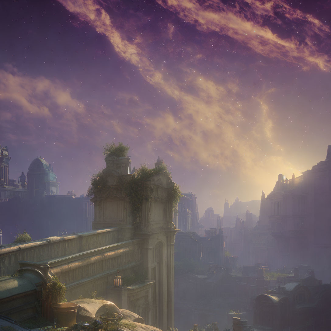 Fantasy cityscape at twilight: vibrant purple skies, ancient ruins, overgrown vegetation