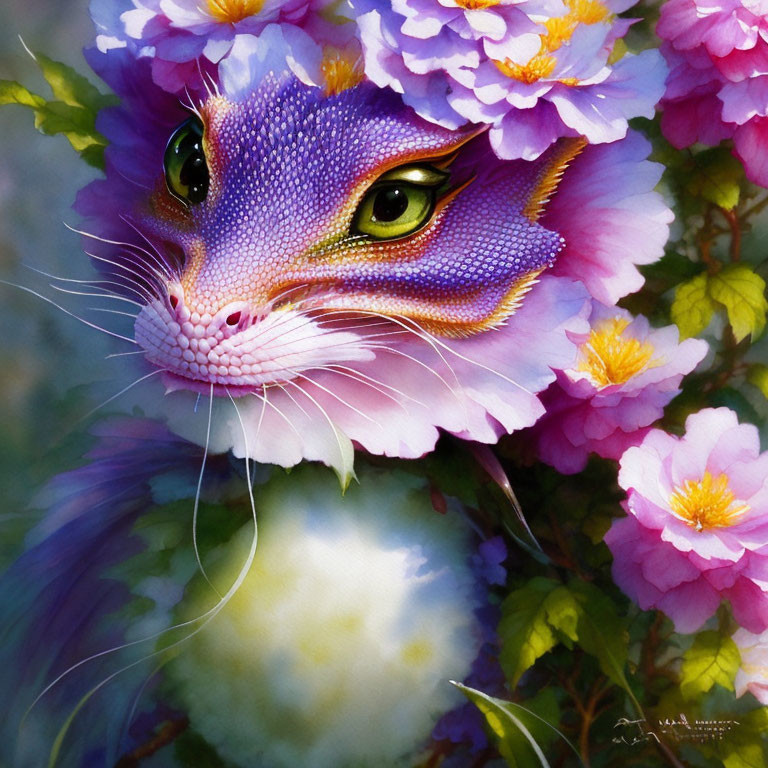 Colorful fantasy creature with purple skin and green eyes among vibrant flowers.