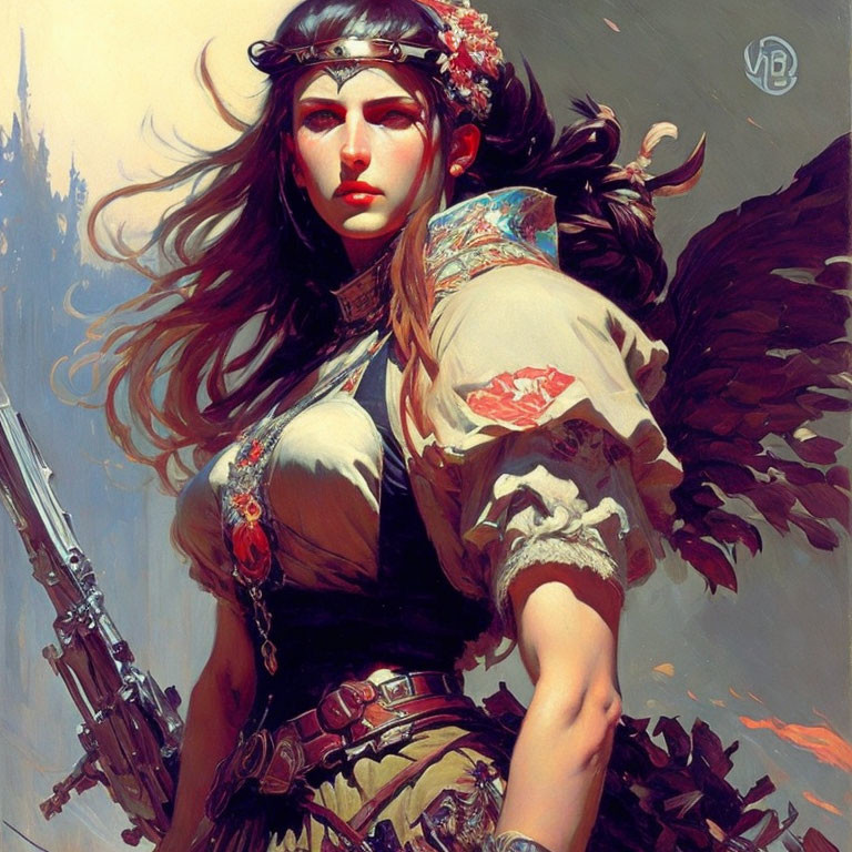 Fantasy warrior woman digital artwork with headband and spear