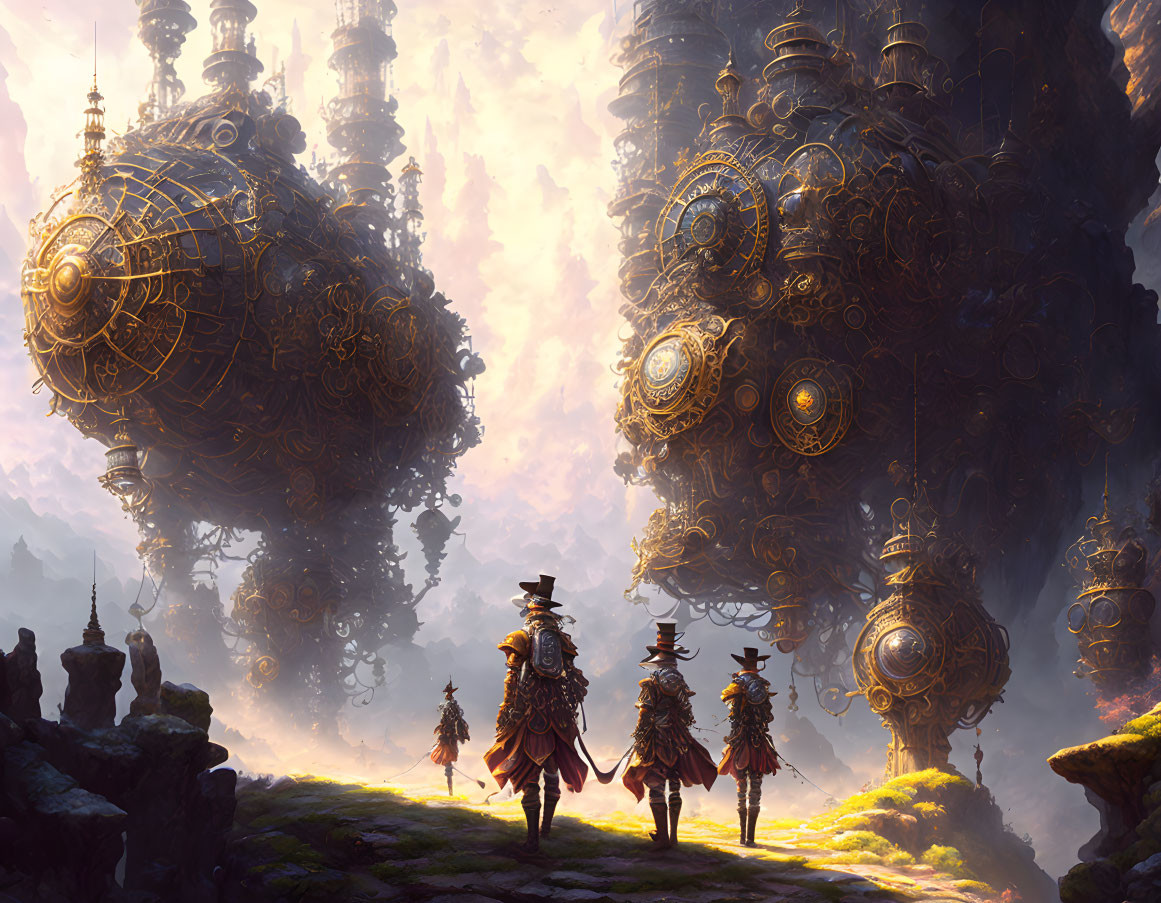 Three individuals in ornate clothing observe steampunk spheres in mystical landscape.