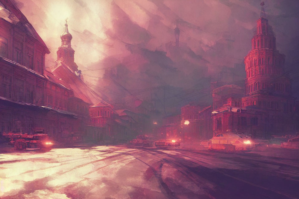 Cityscape artwork featuring vintage cars, warm-lit buildings, and a towering spire at dusk