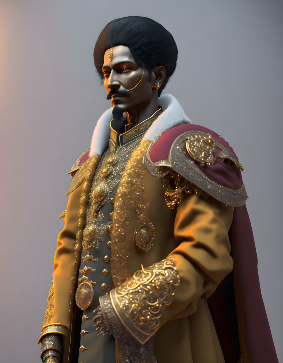 Nobleman 3D Rendering in Gold-Trimmed Attire