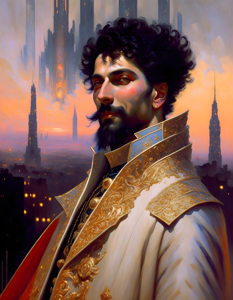 Portrait of man with beard and curly hair in red and gold coat against spires backdrop