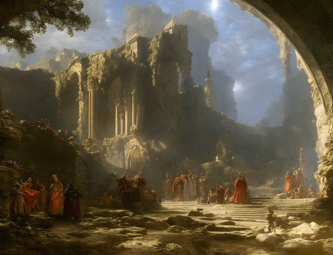 Fantasy setting with people in red cloaks in ancient ruins under warm forest sunlight