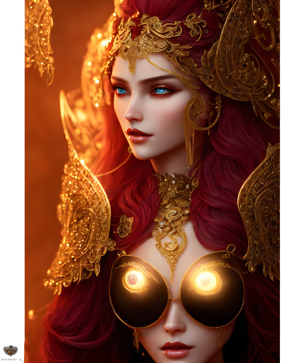 Digital artwork featuring woman with red hair and elaborate gold accessories