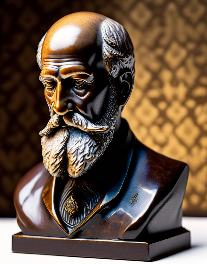 Bearded man bust on glossy surface with bald head, golden patterned backdrop