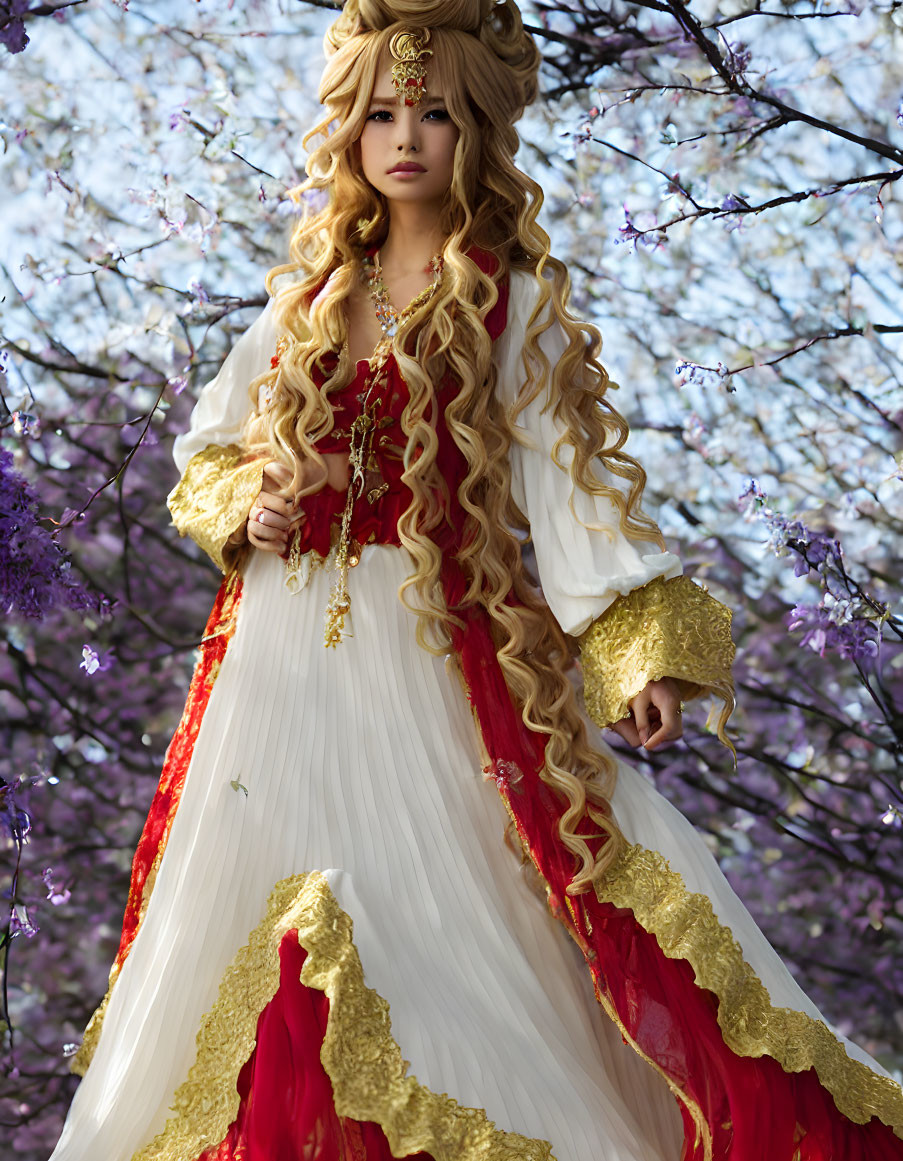 Fantasy-inspired costume with long blonde hair under purple blossoming trees