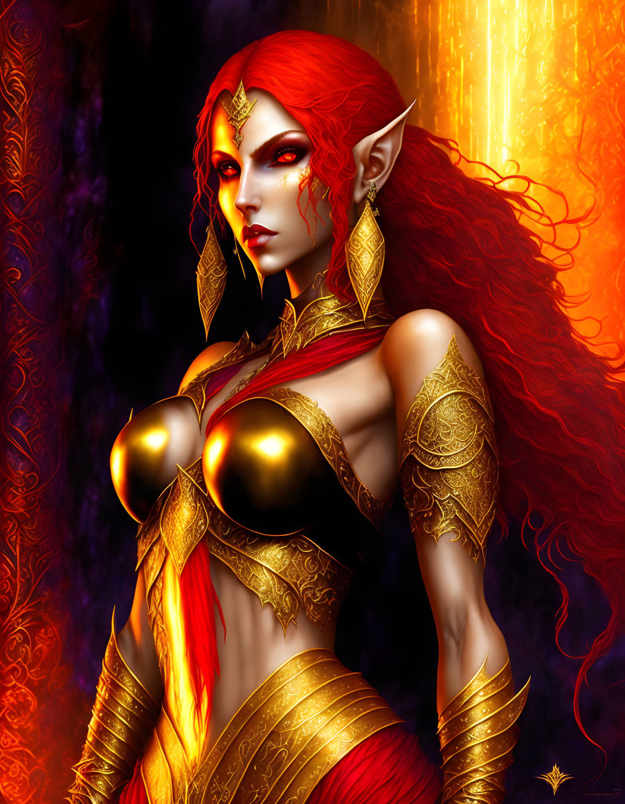 Fantasy female character with red hair and golden adornments