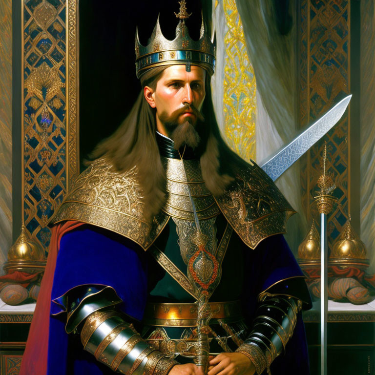 Regal figure in ornate armor and crown with scepter amidst opulent drapery.