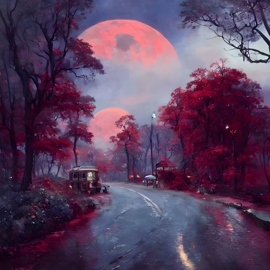 Mystical landscape with red moon, winding road, crimson trees, cable car, and streetlights