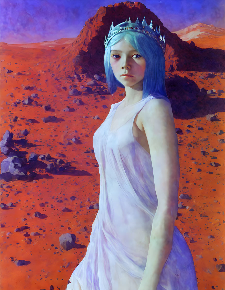 Digital artwork: Pale woman with blue hair, crown, white gown, against red alien landscape