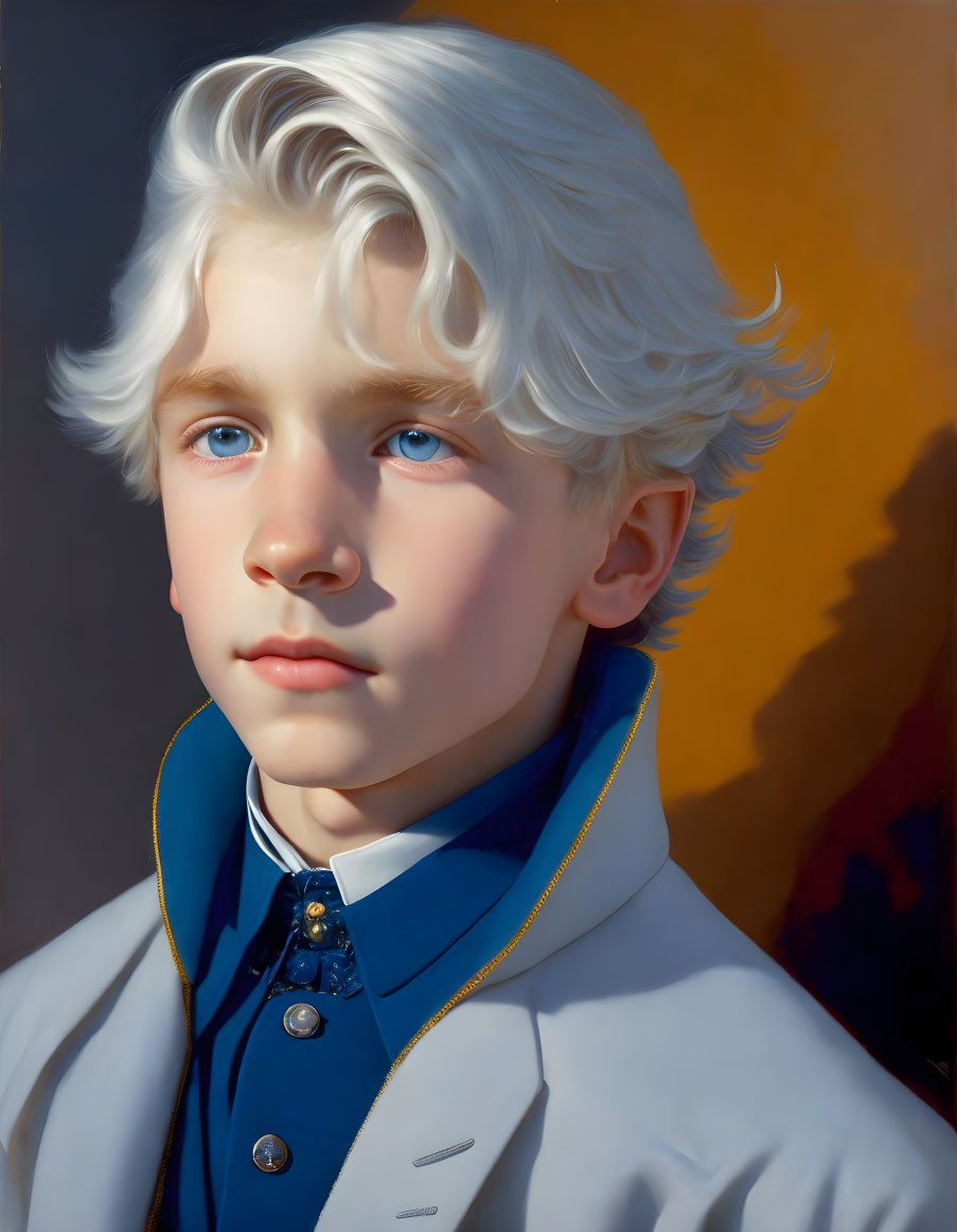 Young boy with wavy white hair and blue eyes in white coat against warm background