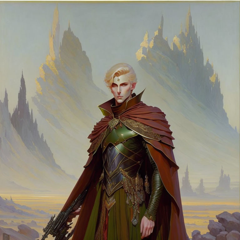 Ethereal elf warrior in green and gold armor with red cloak amid spires