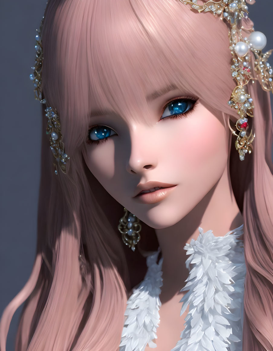 Character with Pink Hair, Blue Eyes, Pearl & Gemstone Headpiece, White Feathers