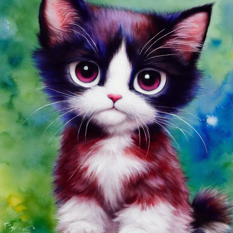 Colorful painting of cute kitten with pink eyes on vibrant watercolor background