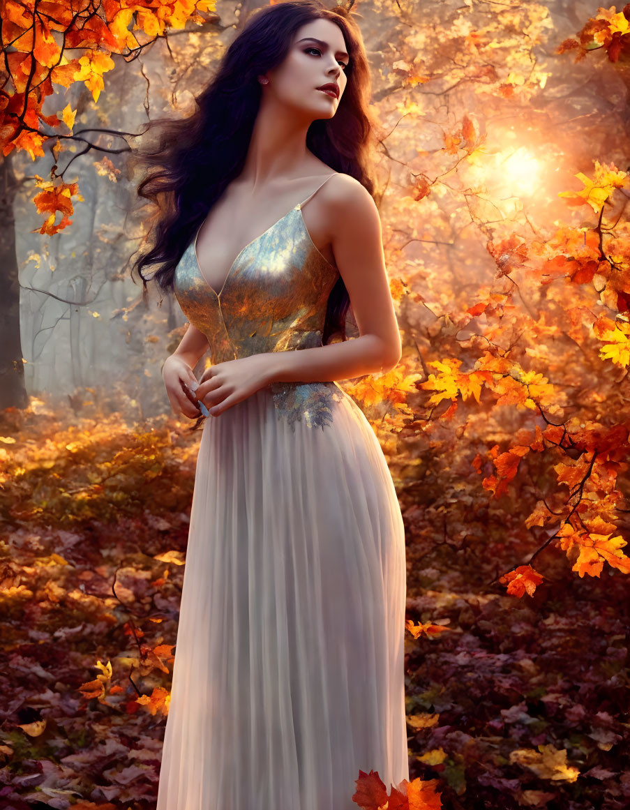 Woman in Flowing Gown Among Autumn Leaves at Sunset