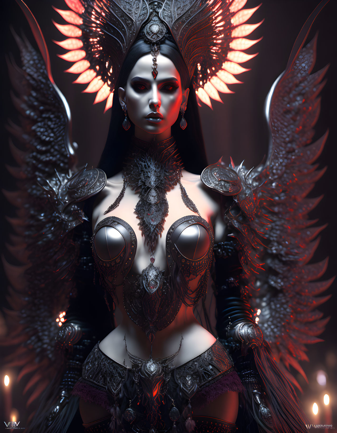 Mystical female figure with dark angel wings and ornate headgear against moody backdrop