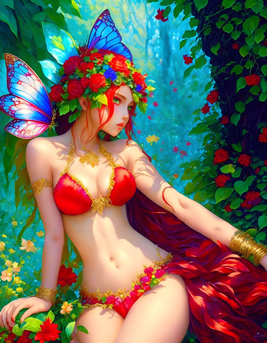 Fantasy creature with butterfly wings in red and gold attire among vibrant flowers