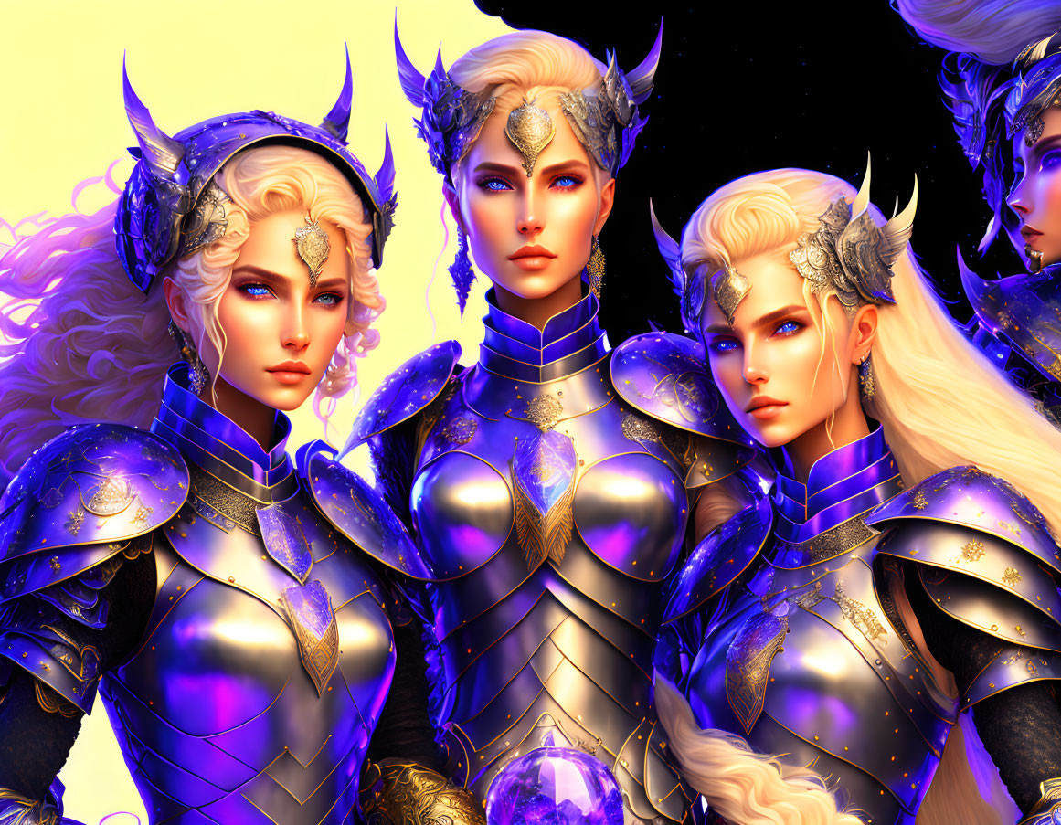 Fantasy female warriors in ornate armor on golden backdrop