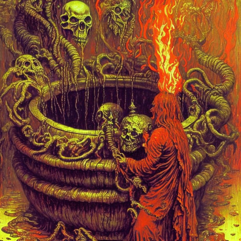 Robed Figure Stirring Cauldron Among Skulls and Tentacles