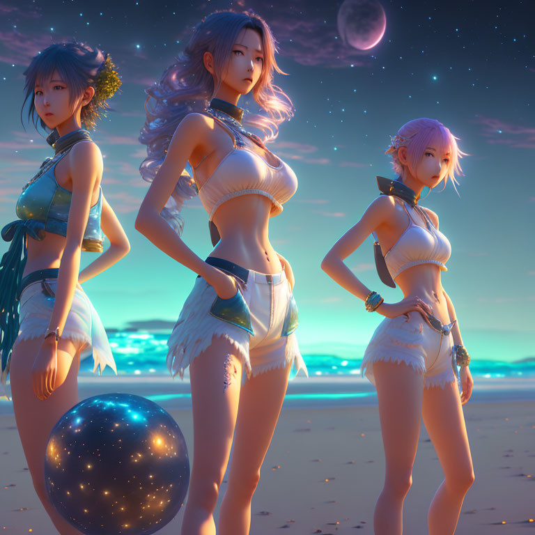 Three female animated characters on beach at twilight with stars, crescent moon, and beach ball.