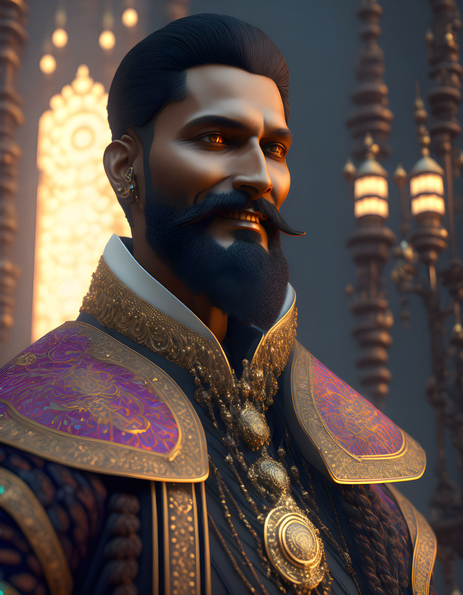 Bearded man in historical attire with ornate jewelry and intricate architectural backdrop