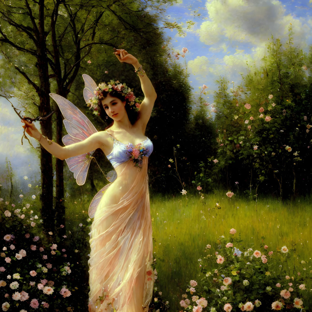 Ethereal fairy with delicate wings in lush garden