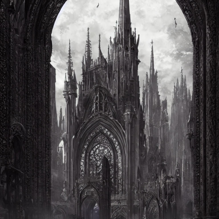 Detailed Monochrome Gothic Cathedral Interior with High Arches and Ornate Carvings