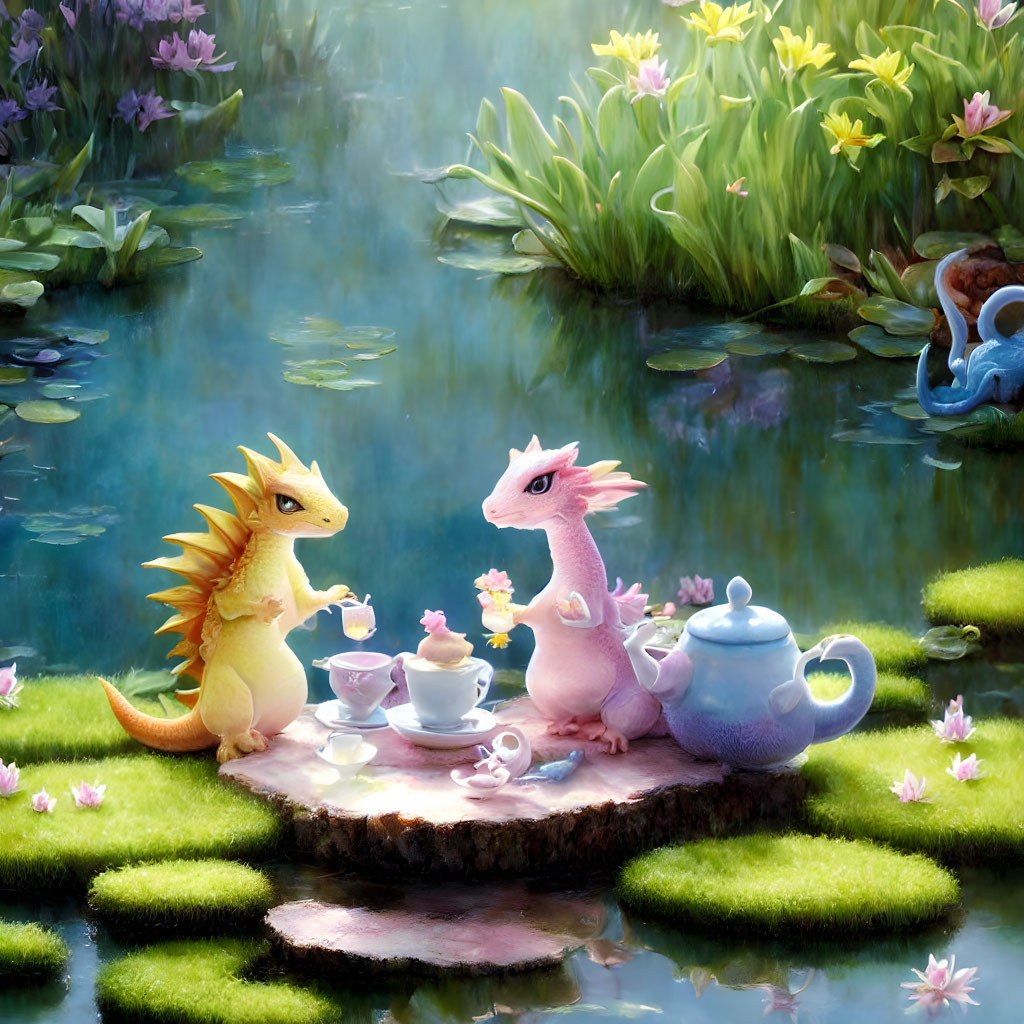 Animated dragons tea party by serene lily pond