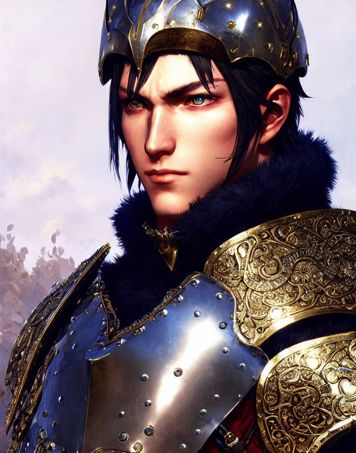 Male video game character in ornate armor with fur accents and helmet, featuring a determined expression