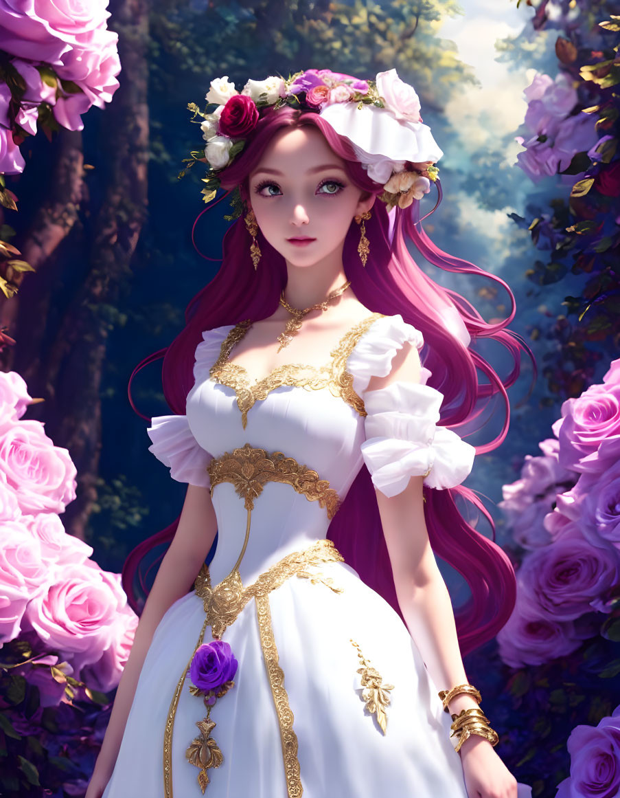 Pink-haired maiden in white dress with floral crown in mystical rose woodland