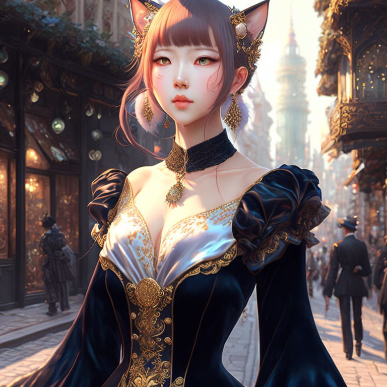 Female character with cat ears in Victorian dress on fantasy street.