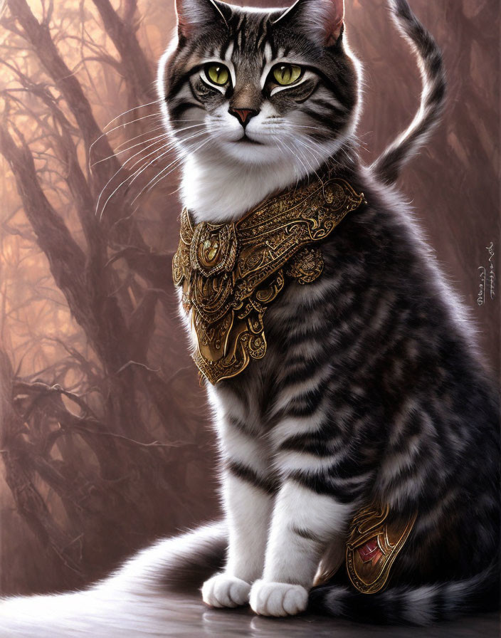 Regal cat with green eyes and gold scarf in woodland setting