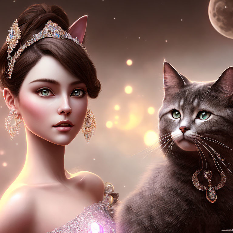 Digital Artwork: Woman and Cat with Jewel Accessories in Cosmic Setting