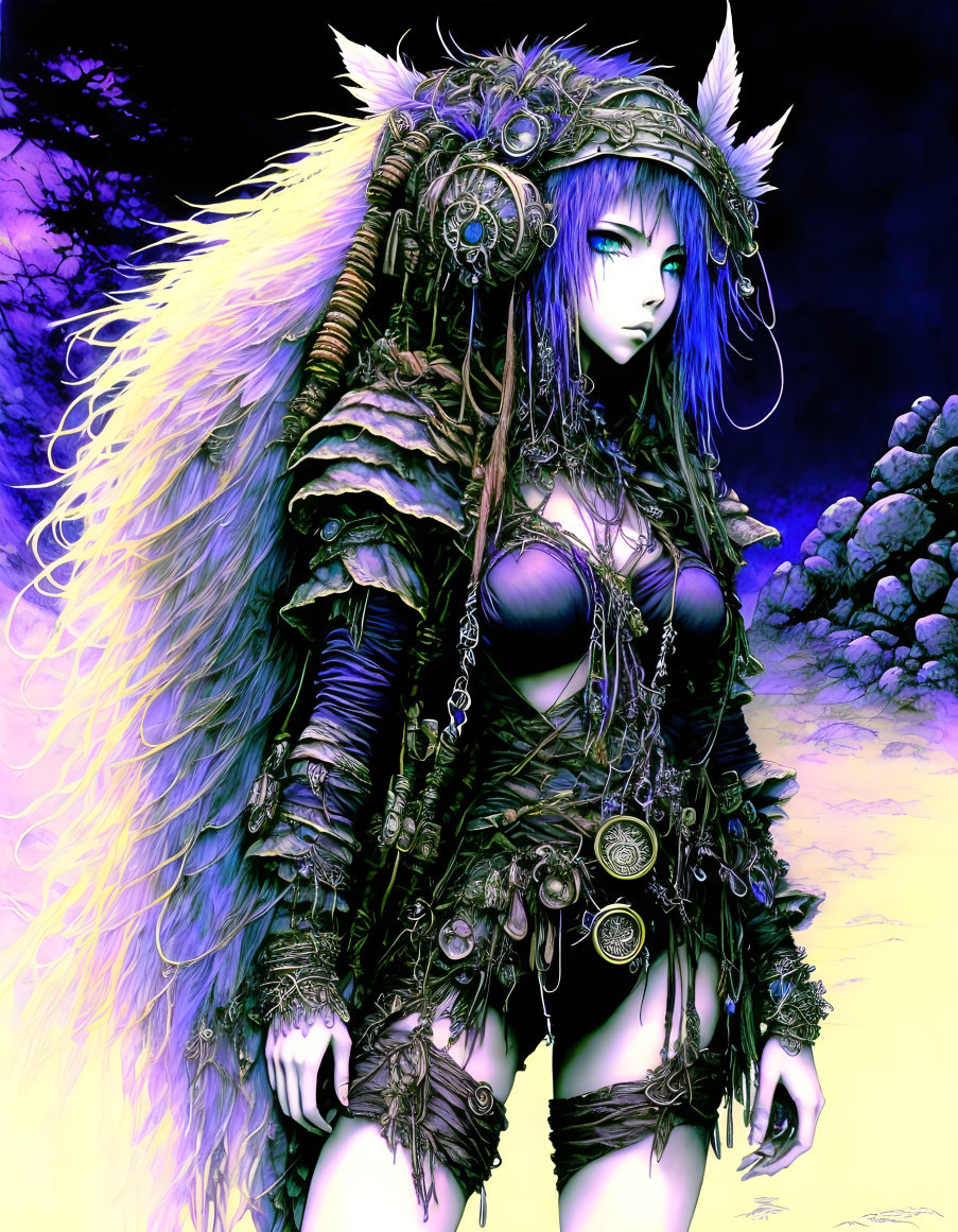 Fantasy character with purple hair in dark armor on purple background